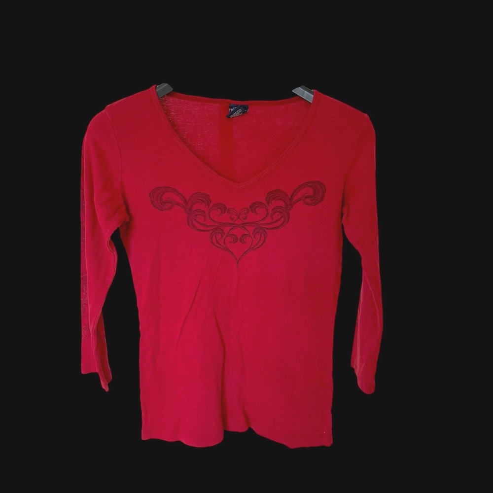 Y2K Sledge USA Womens Red V-Neck Long Sleeve Whimsigoth Top Gothic Scrollwork XL